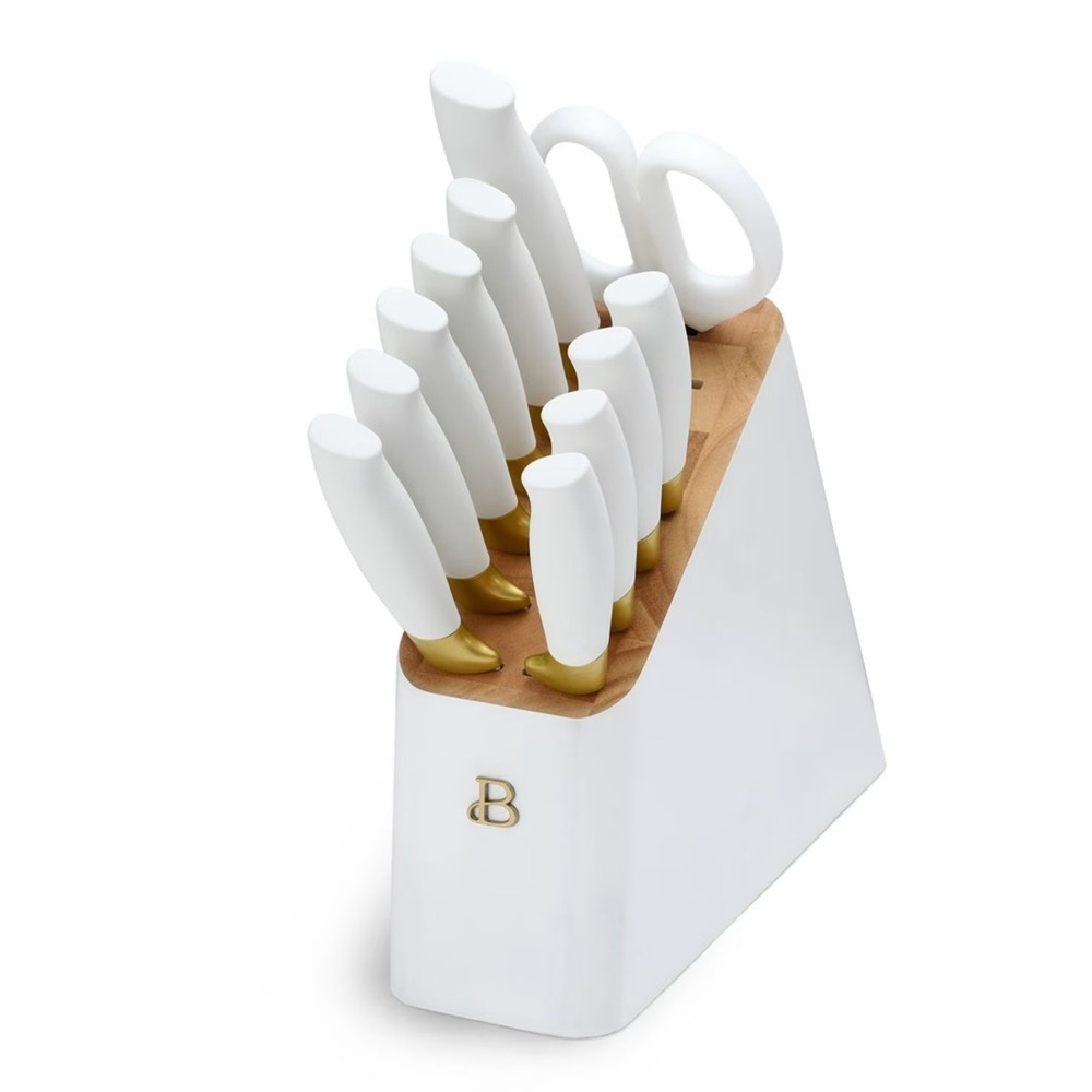 Beautiful 12 Piece Stainless Steel Knife Block Set,Soft-Grip Handles White Icing